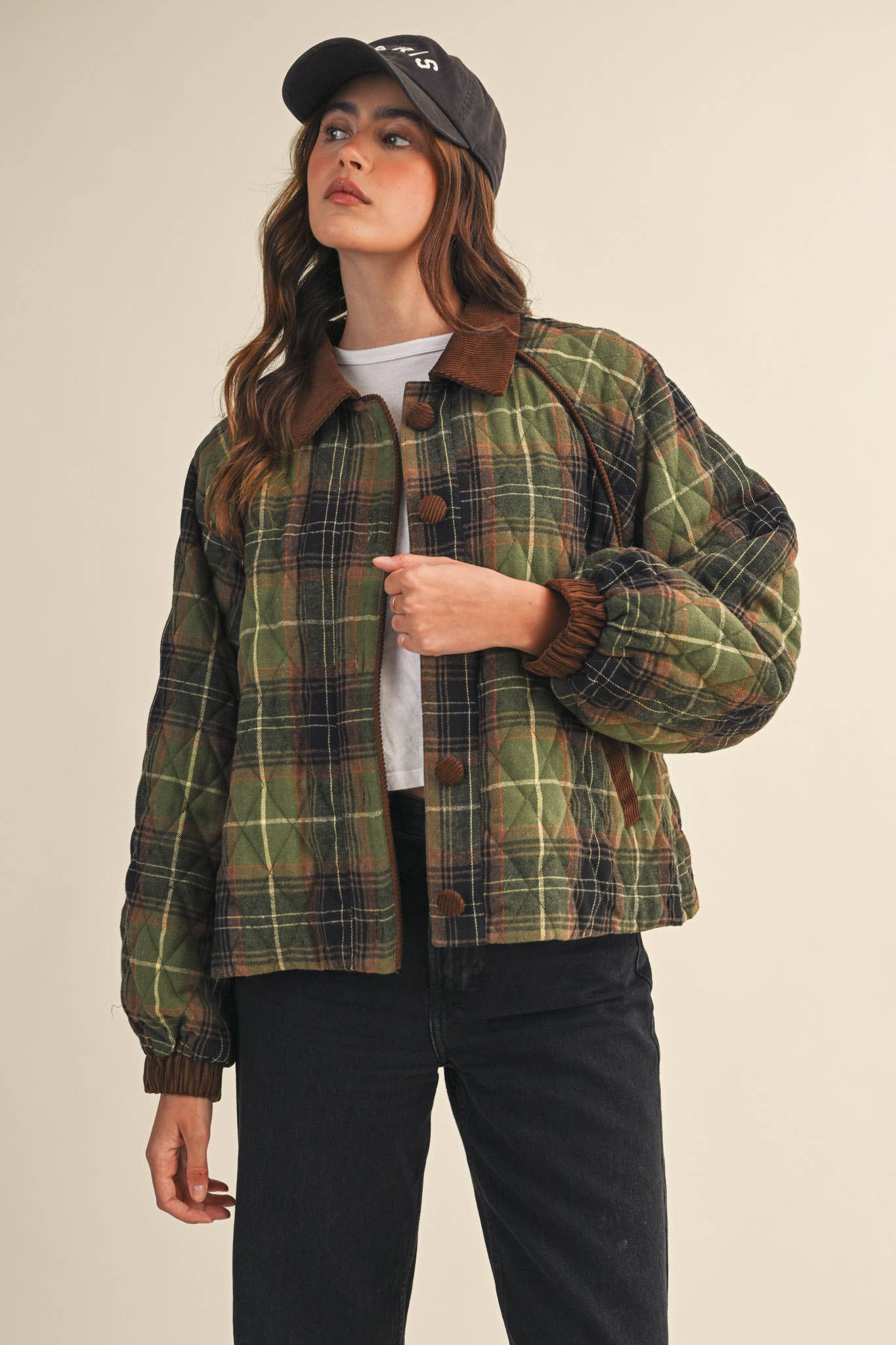 Plaid Quilted Jacket Olive