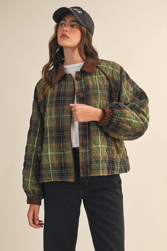 Plaid Quilted Jacket Olive