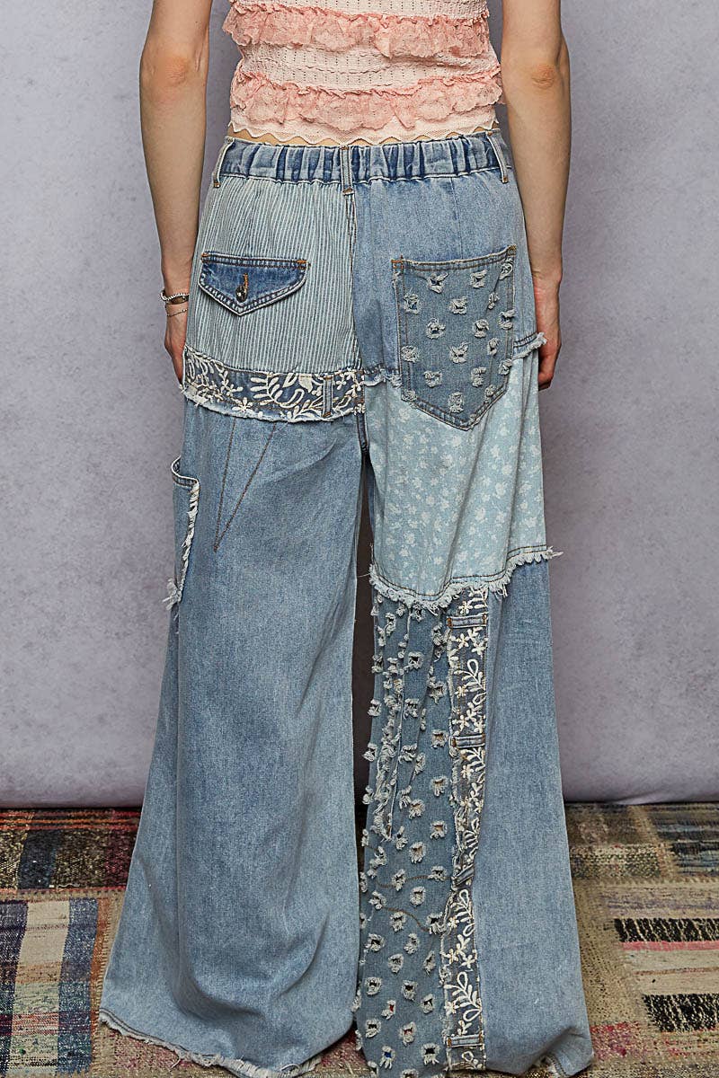 Lace-Overlay Printed Patchwork Contrast Denim Waistband Pant
