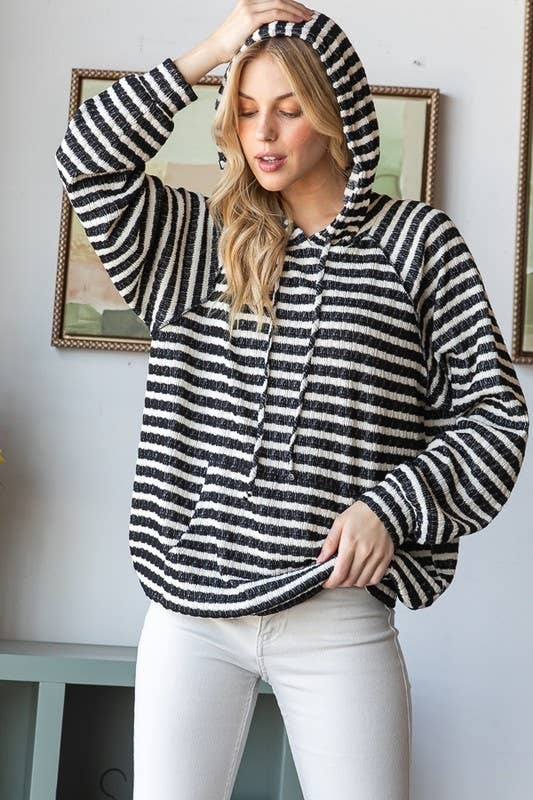 Plus Stripe Jacquard Long Puff Sleeve Hoodie Top
