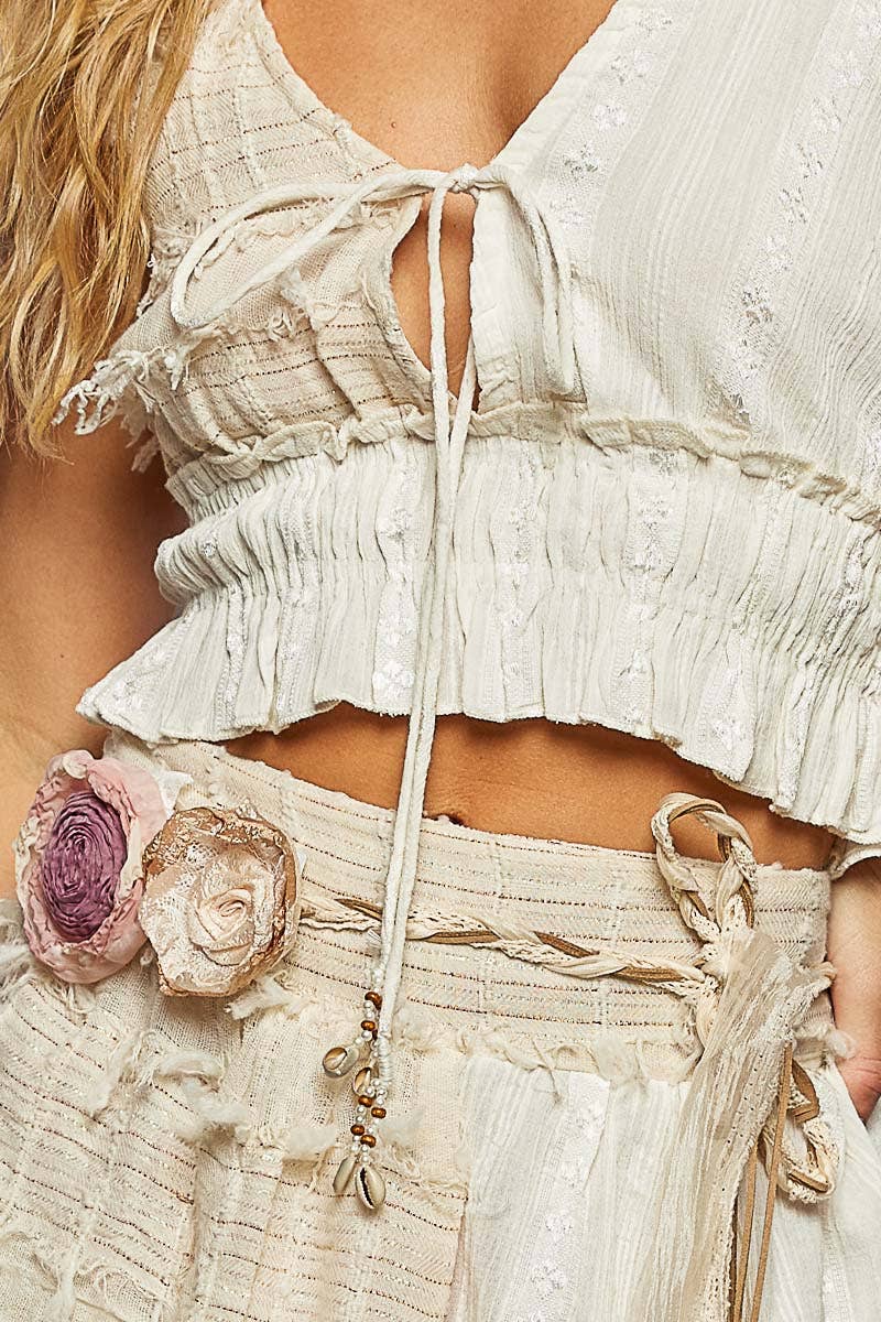 Reverse Ruffle Shirring V-Neck Cotton Sleeveless Crop Top Natural