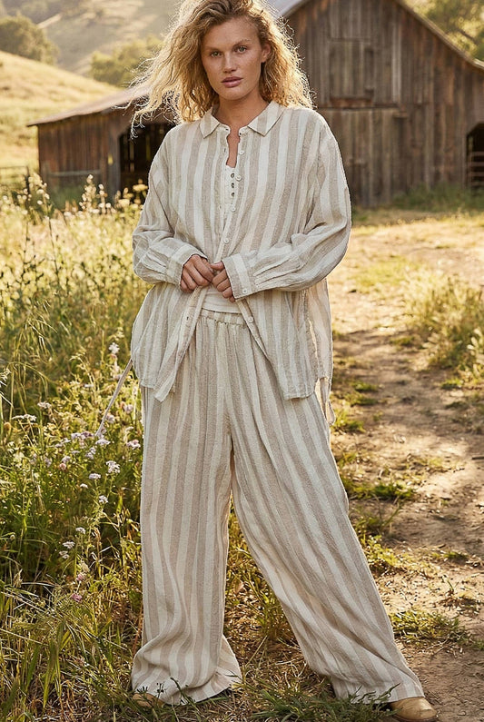 Stripe Pattern Elastic Waist Band Linen Woven Wide Pants