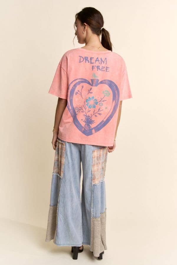 PLUS PRINTED DENIM LACE BLOCKED WIDE LEG PANTS