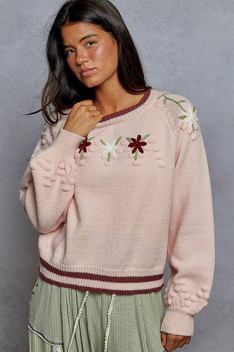 Round neck balloon sleeve floral embroidery sweater top