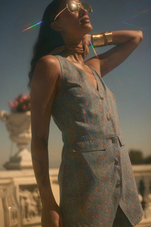Floral-Print Denim Sleeveless Vest Romper