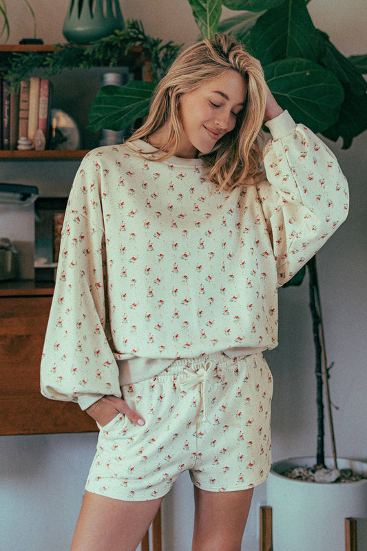 Floral Balloon Sleeve Sweatshirt and Shorts Set