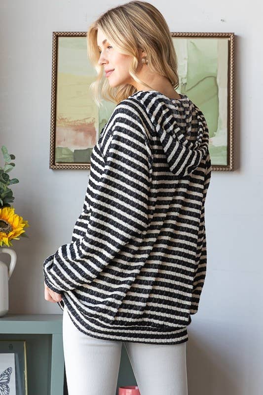 Plus Stripe Jacquard Long Puff Sleeve Hoodie Top