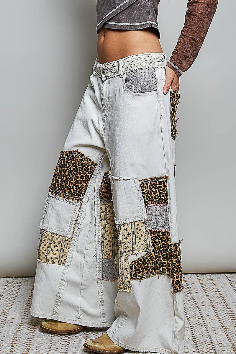 Handcrafted Vintage DIY Patchwork-Style Waistband Wide Pant