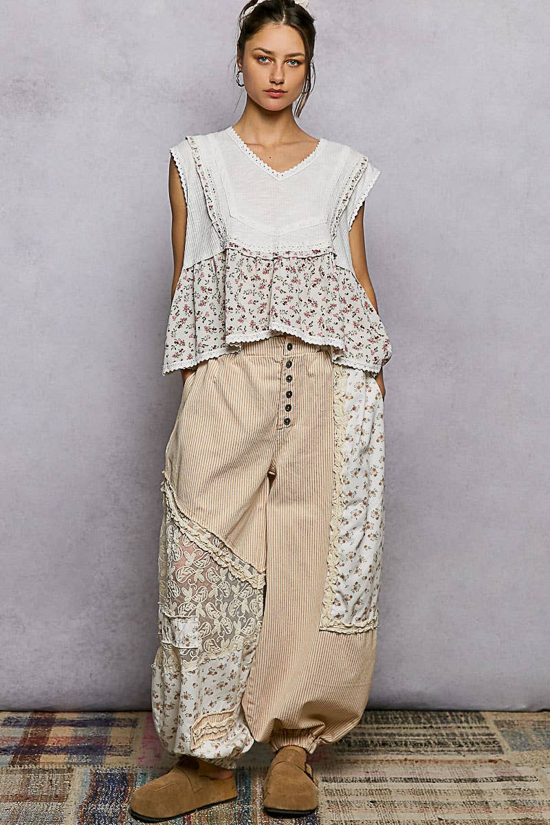 Button-Front Crochet Accent Ruffle Trim Jogger Pants