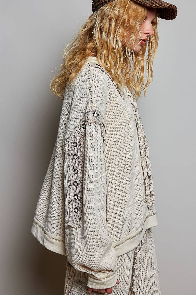 Solid Eyelet Stud Contrast Color Blocked Patch Knit Top