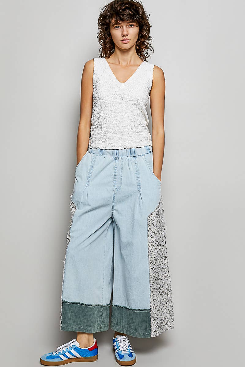 Floral Patch Elastic Waist Wide Pants