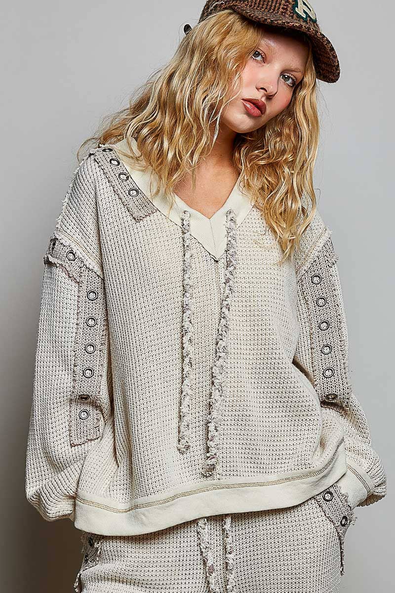 Solid Eyelet Stud Contrast Color Blocked Patch Knit Top