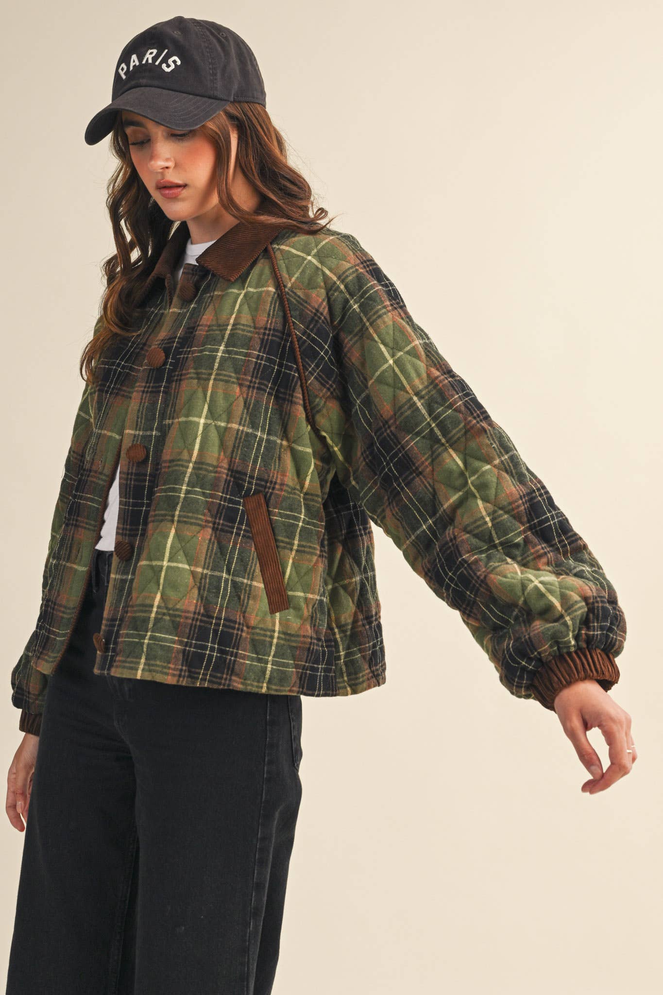 Plaid Quilted Jacket Olive