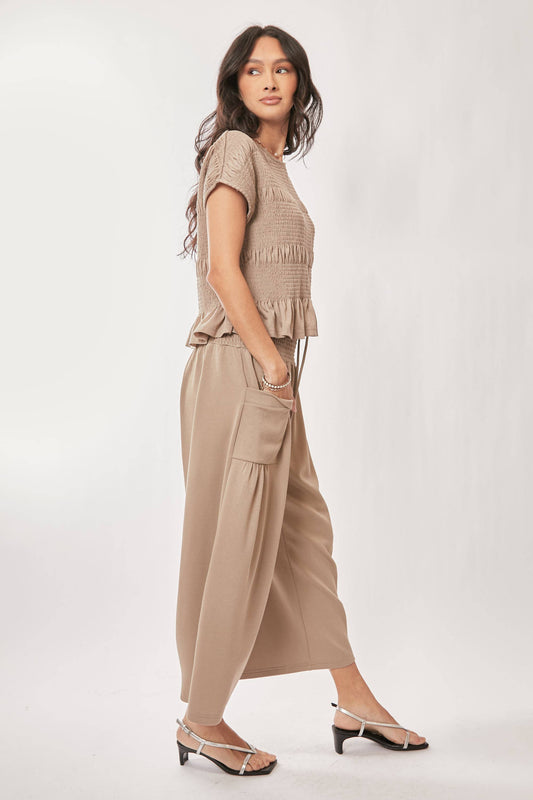 PLUS RUFFLE CAP SLEEVE TOP AND WAISTBAND PANTS SET