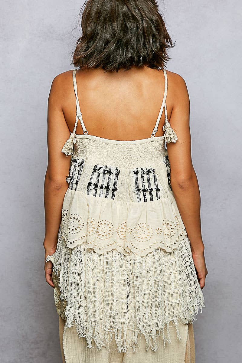 Square Neck Sleeveless Crochet Patch Plaid Eyelet Cotton Top