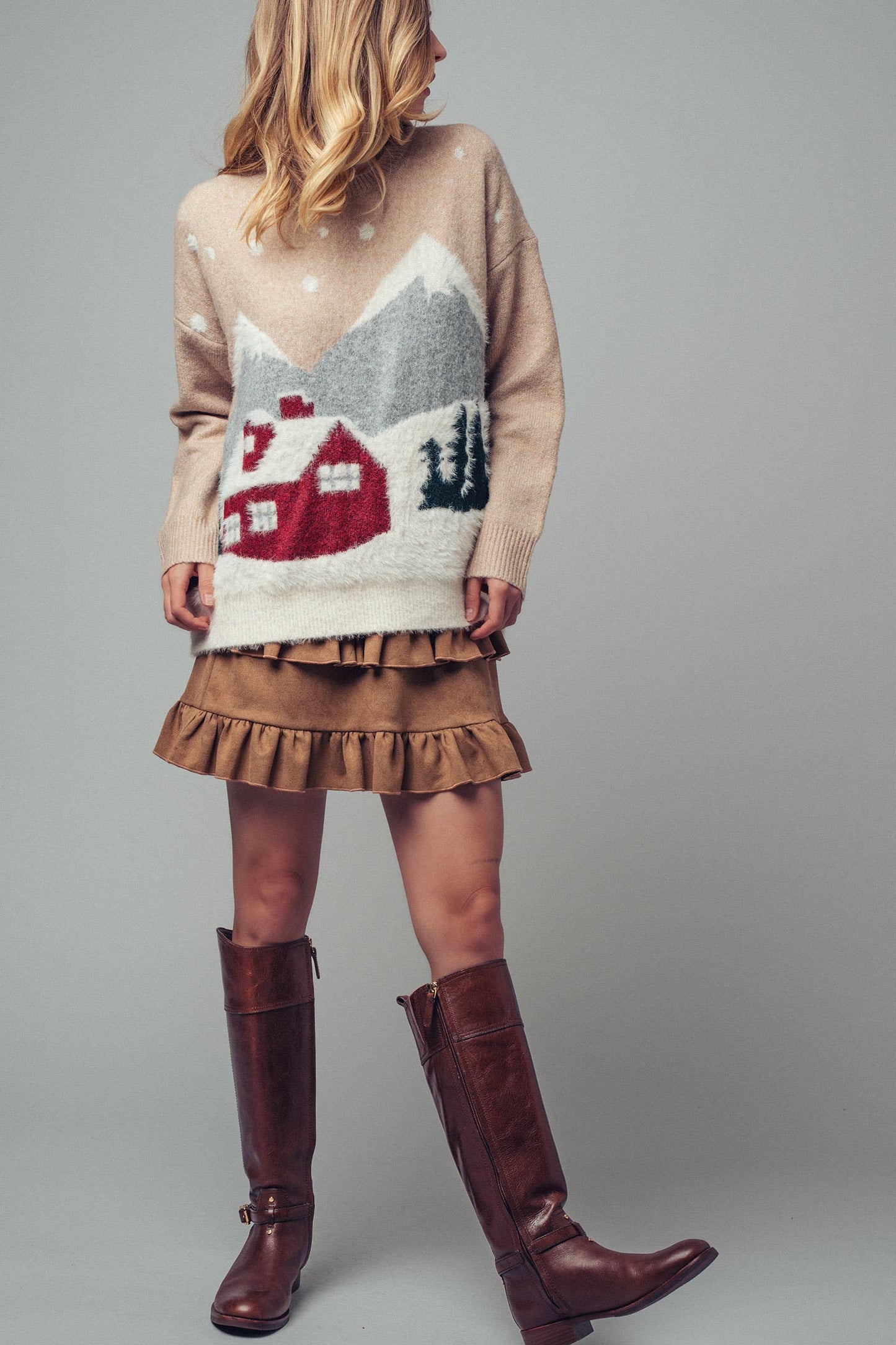 Fuzzy Winter Scene Intarsia Knit Sweater