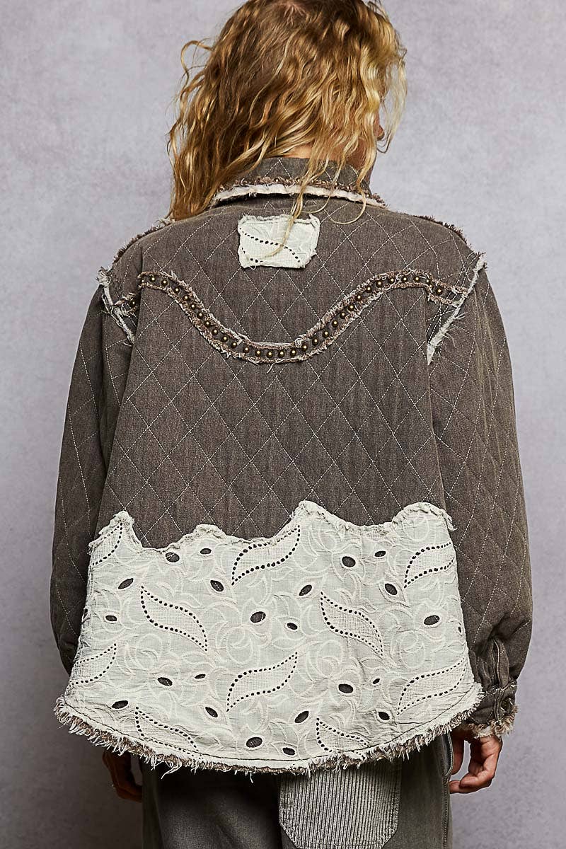 Long sleeve Western-inspired yoke studded lace panel jacket