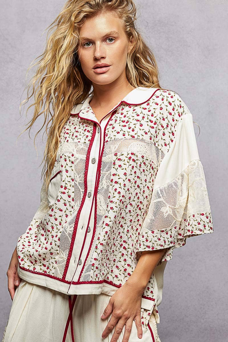 Short Sleeve Solid Floral Printed Button-Down Shirt Top