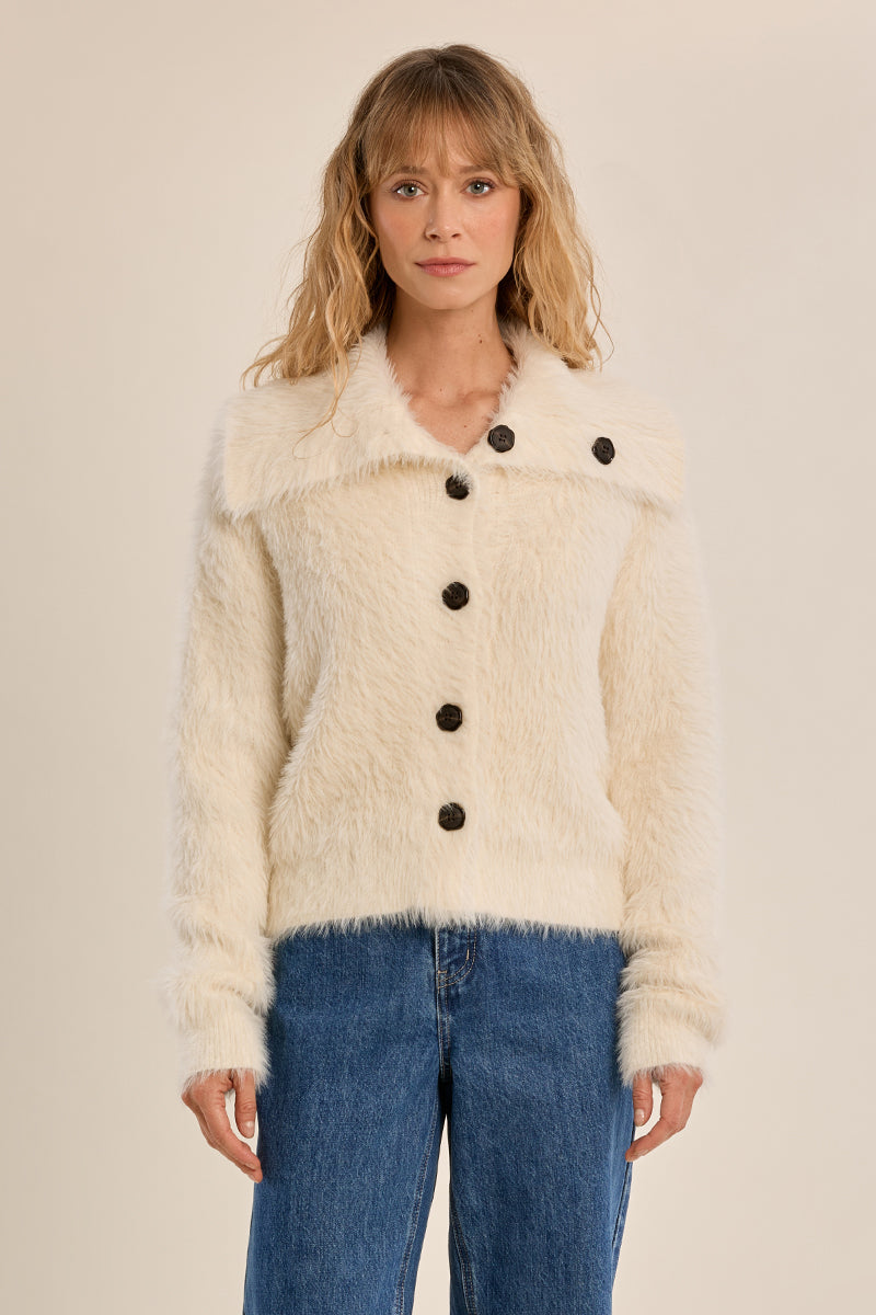Furry Cardigan Flap Collar Cream