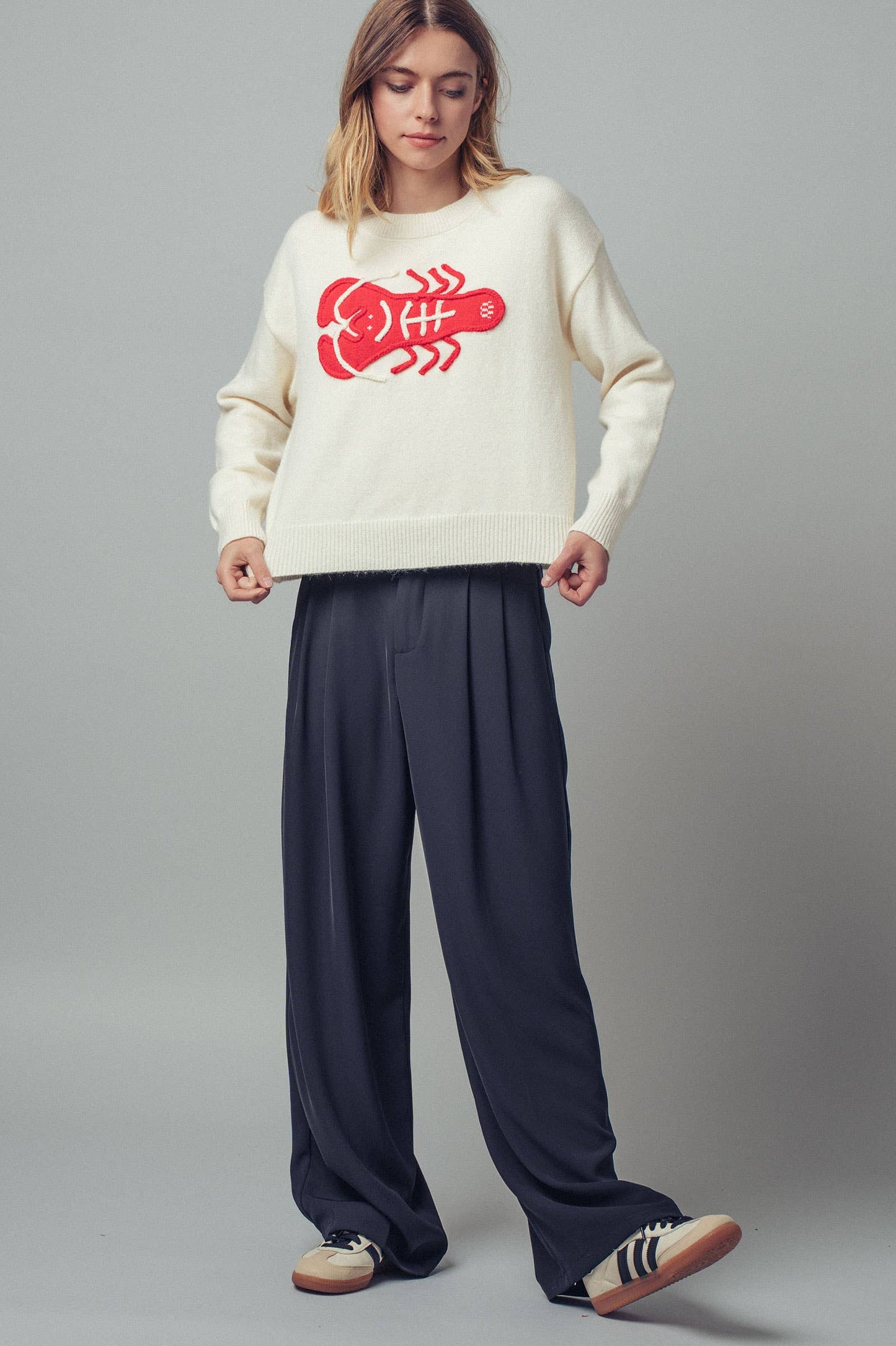 Embroidered Red Lobster Nautical Statement Sweater