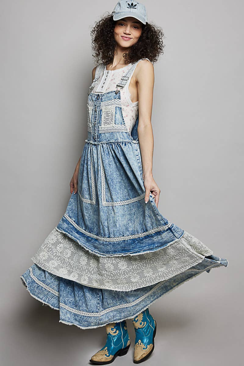 Crochet Pockets Ruffle Denim Long Overall Dress