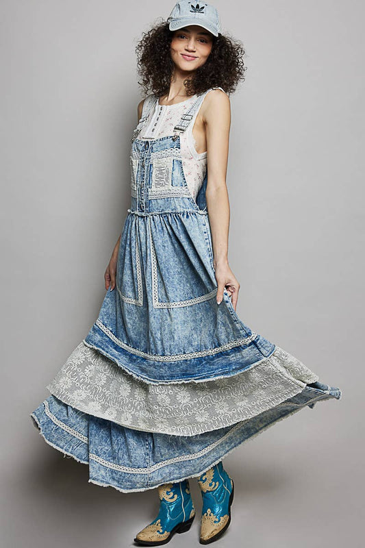 Crochet Pockets Ruffle Denim Long Overall Dress