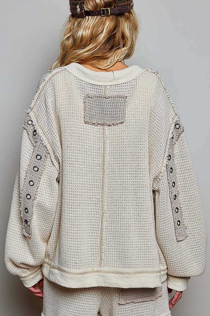 Solid Eyelet Stud Contrast Color Blocked Patch Knit Top