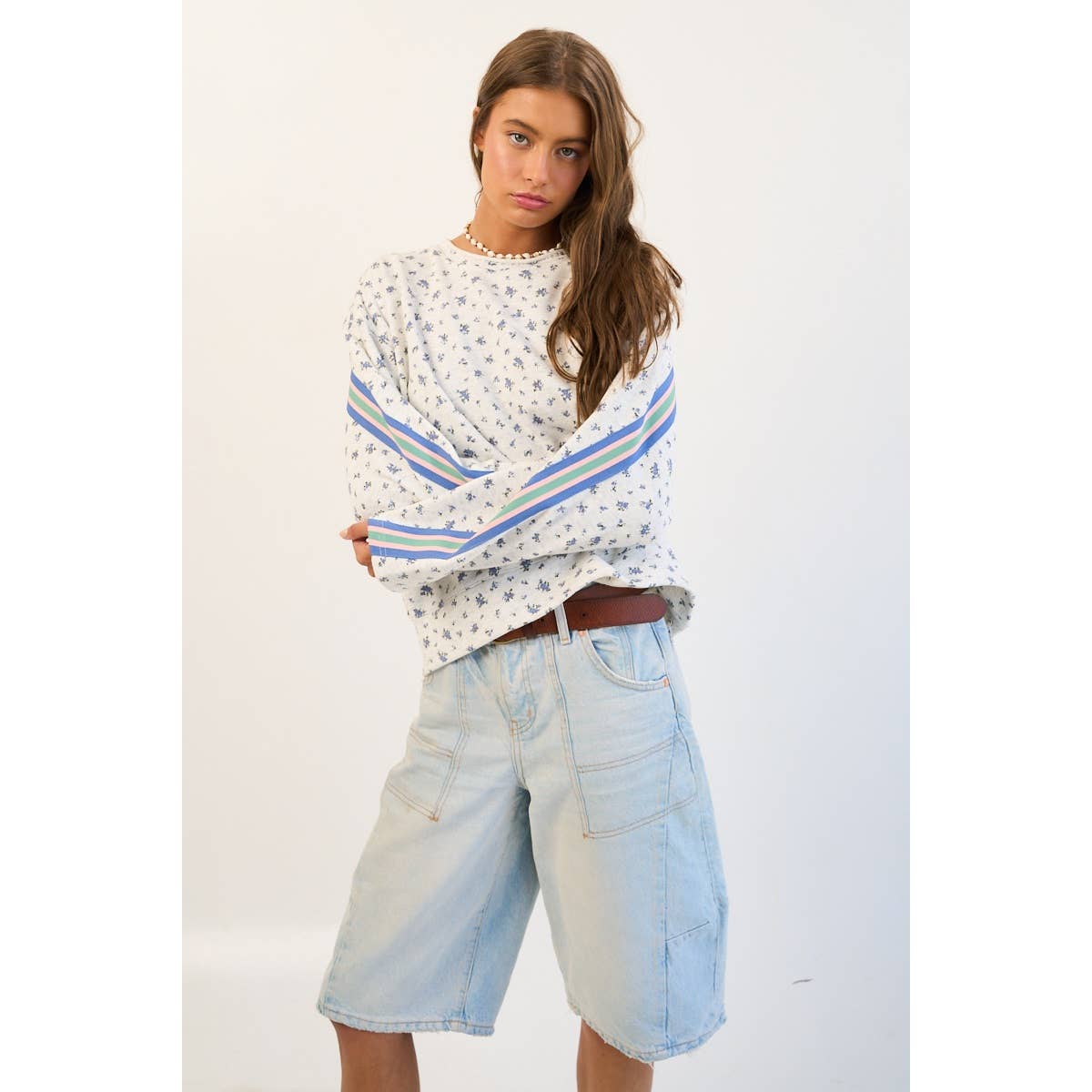 Floral Sweatshirt with Retro Striped Sleeve