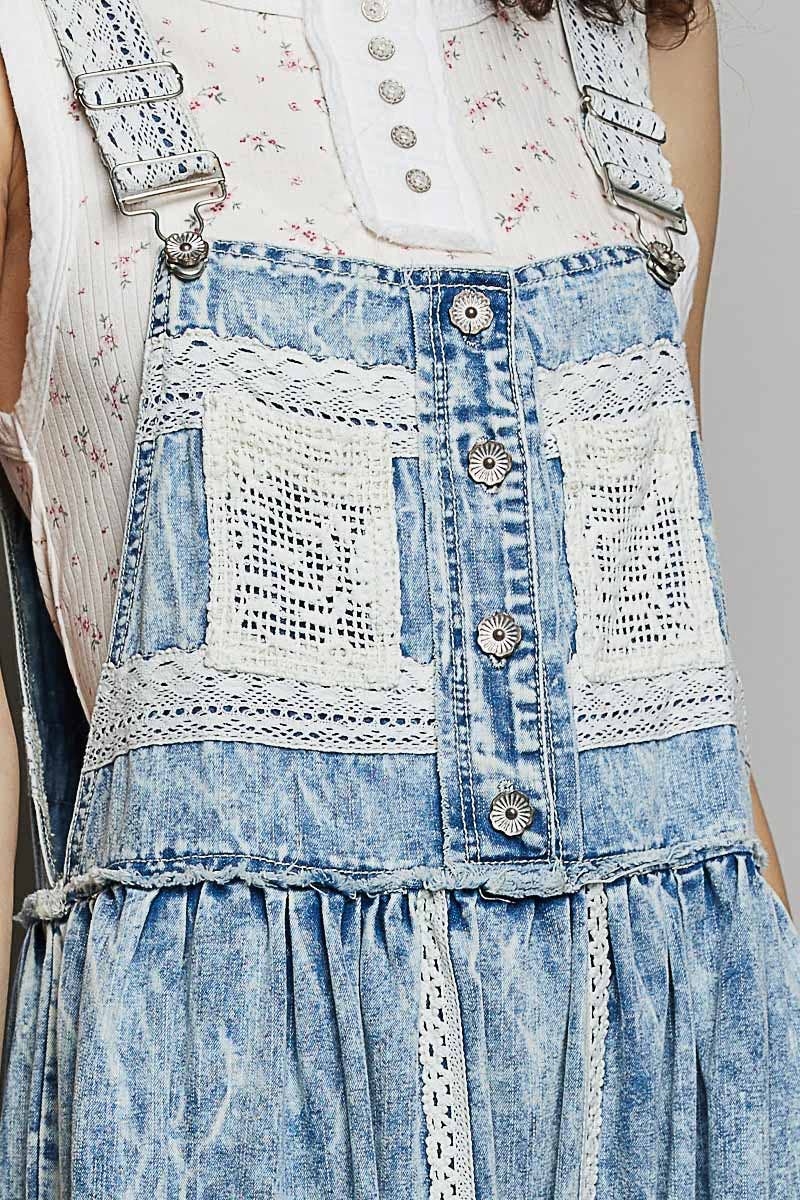 Crochet Pockets Ruffle Denim Long Overall Dress