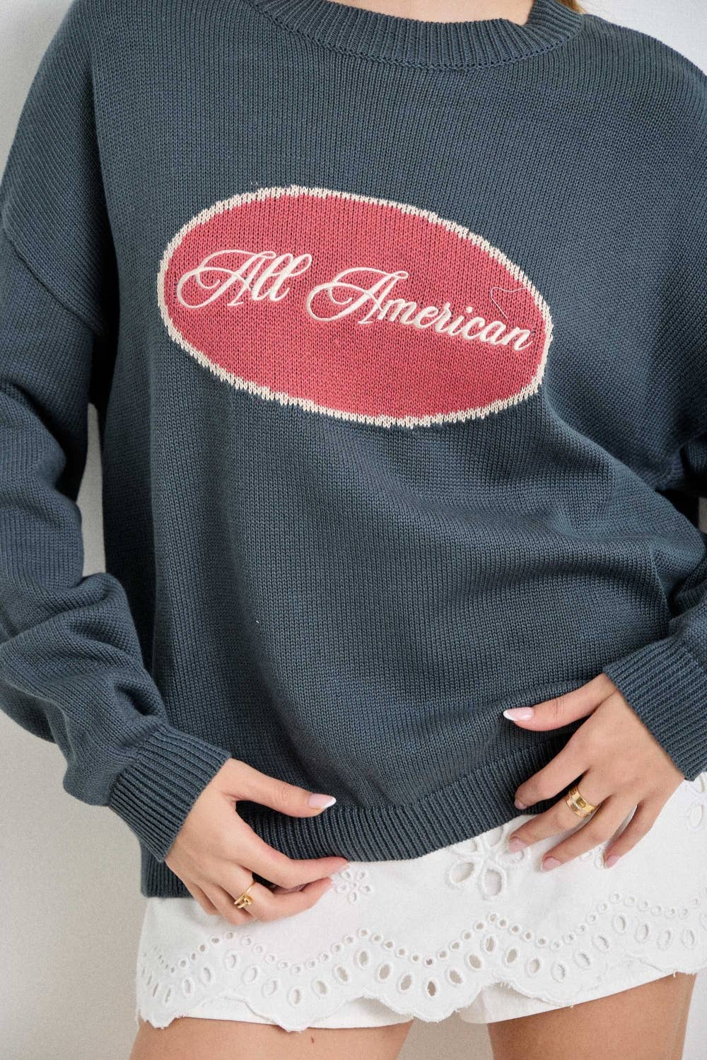 PLUS SIZE ALL AMERCICAN EMBROIDERED SWEATER
