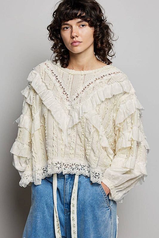 Eyelet Ruffle Raw Edge Trim Lace Solid Knit Top