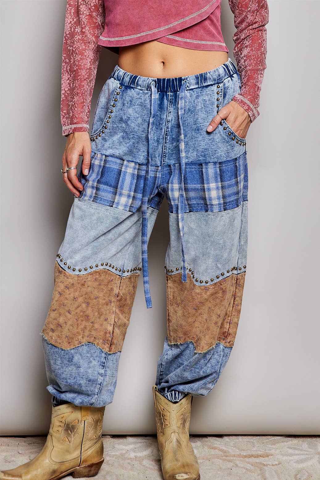 French Terry Plaid Patch Pants