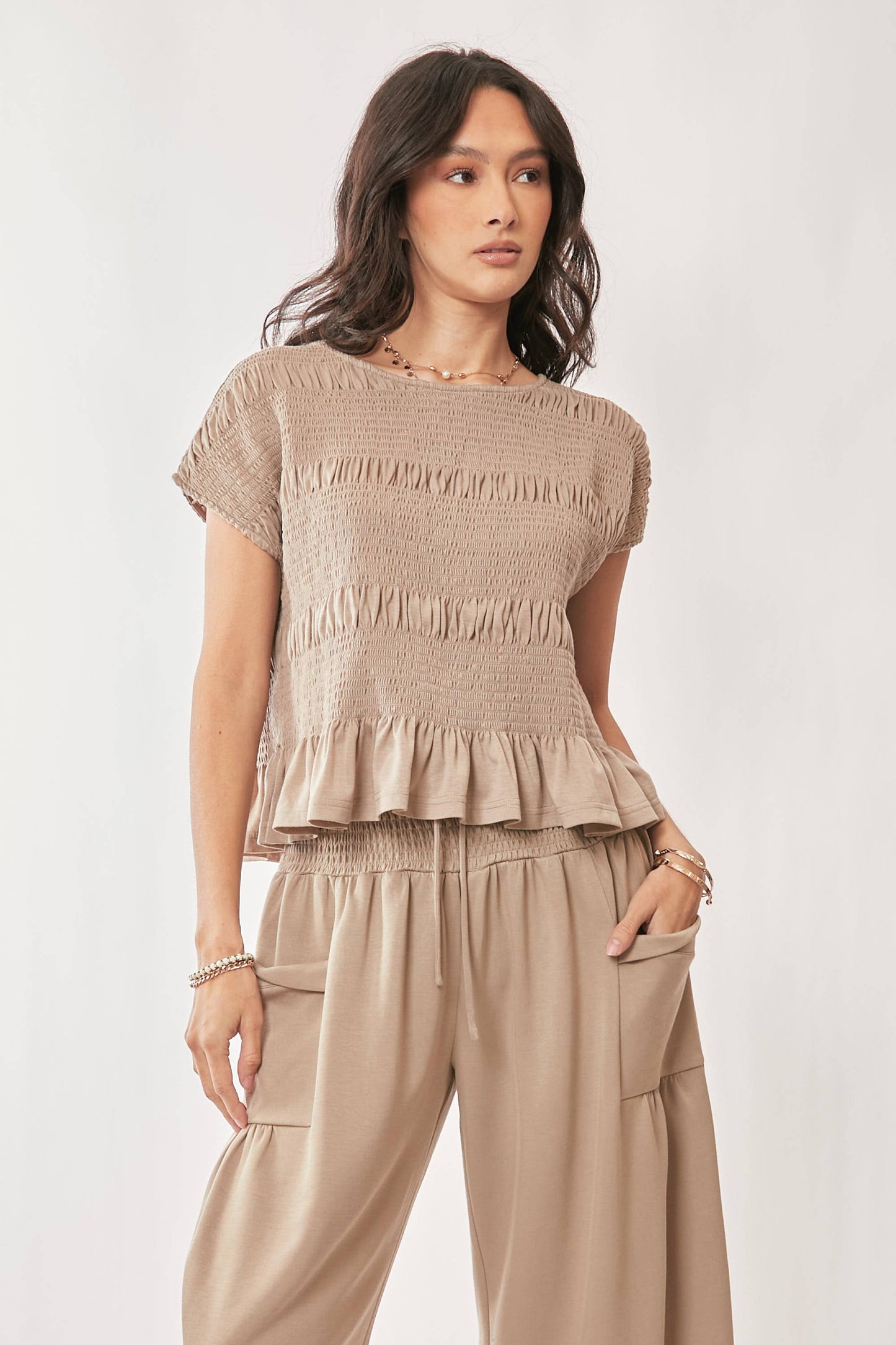 PLUS RUFFLE CAP SLEEVE TOP AND WAISTBAND PANTS SET