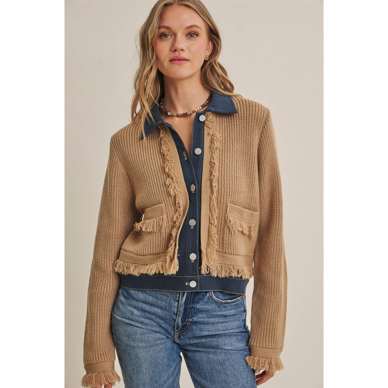 Denim  Layered Fringe Cardigan Jacket