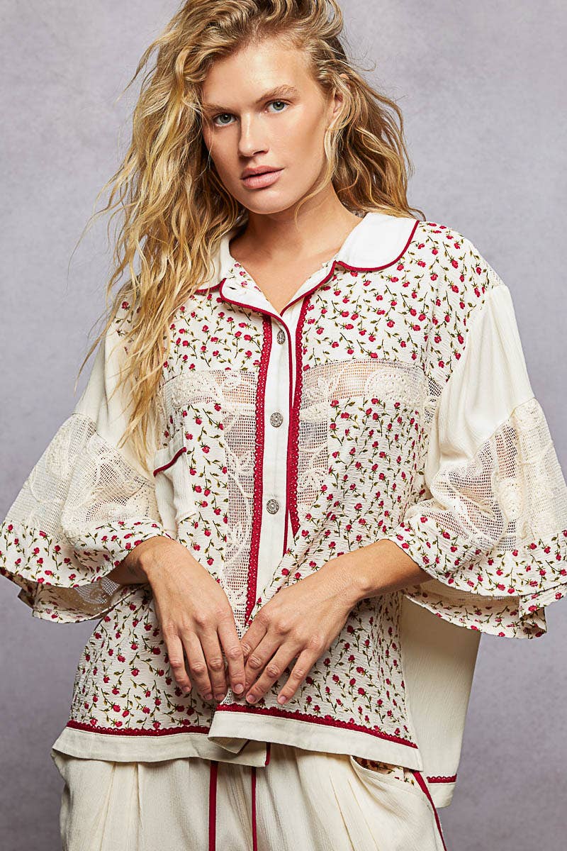 Short Sleeve Solid Floral Printed Button-Down Shirt Top