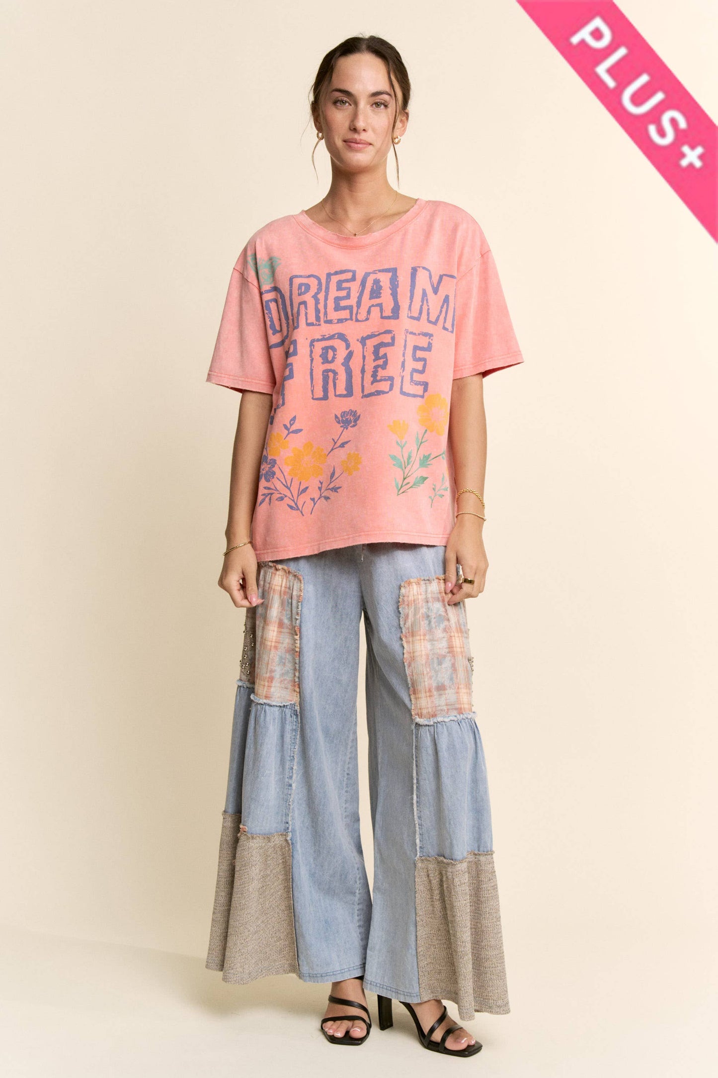 PLUS PRINTED DENIM LACE BLOCKED WIDE LEG PANTS