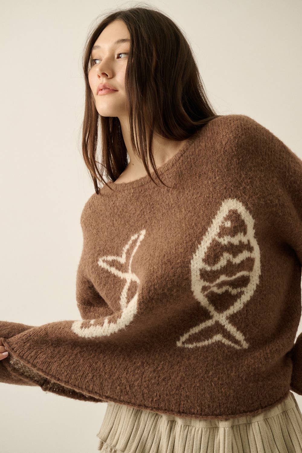 Fish Jacquard-Knit Sweater Taupe