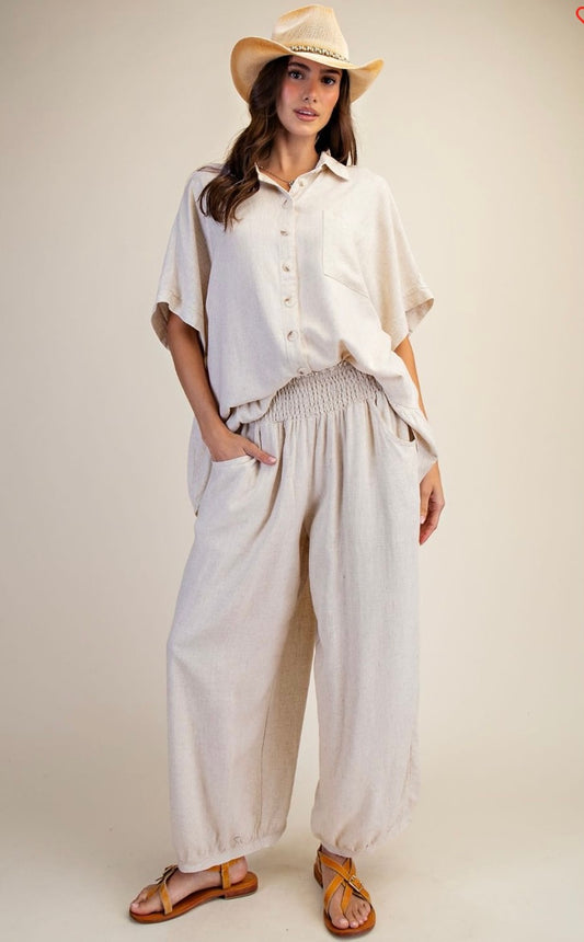 WASHED WIDE BAND BOTTOM LINEN PANTS