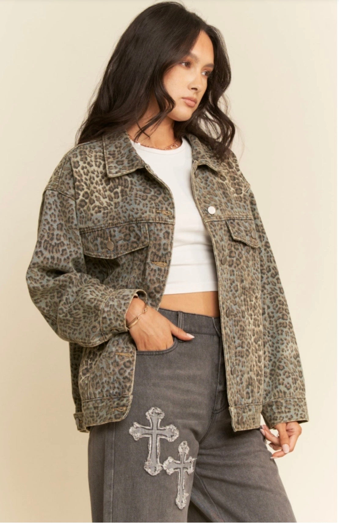 PLUS ANIMAL PRINTED DENIM DETAIL JACKET