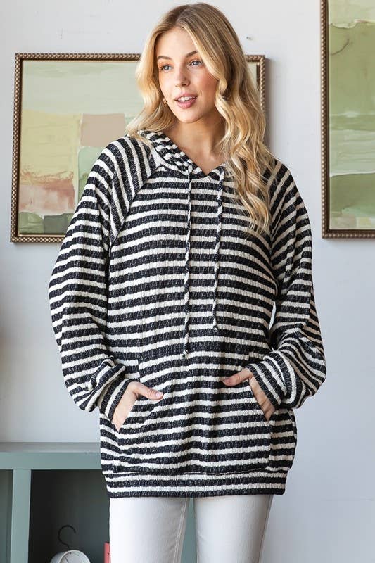 Plus Stripe Jacquard Long Puff Sleeve Hoodie Top