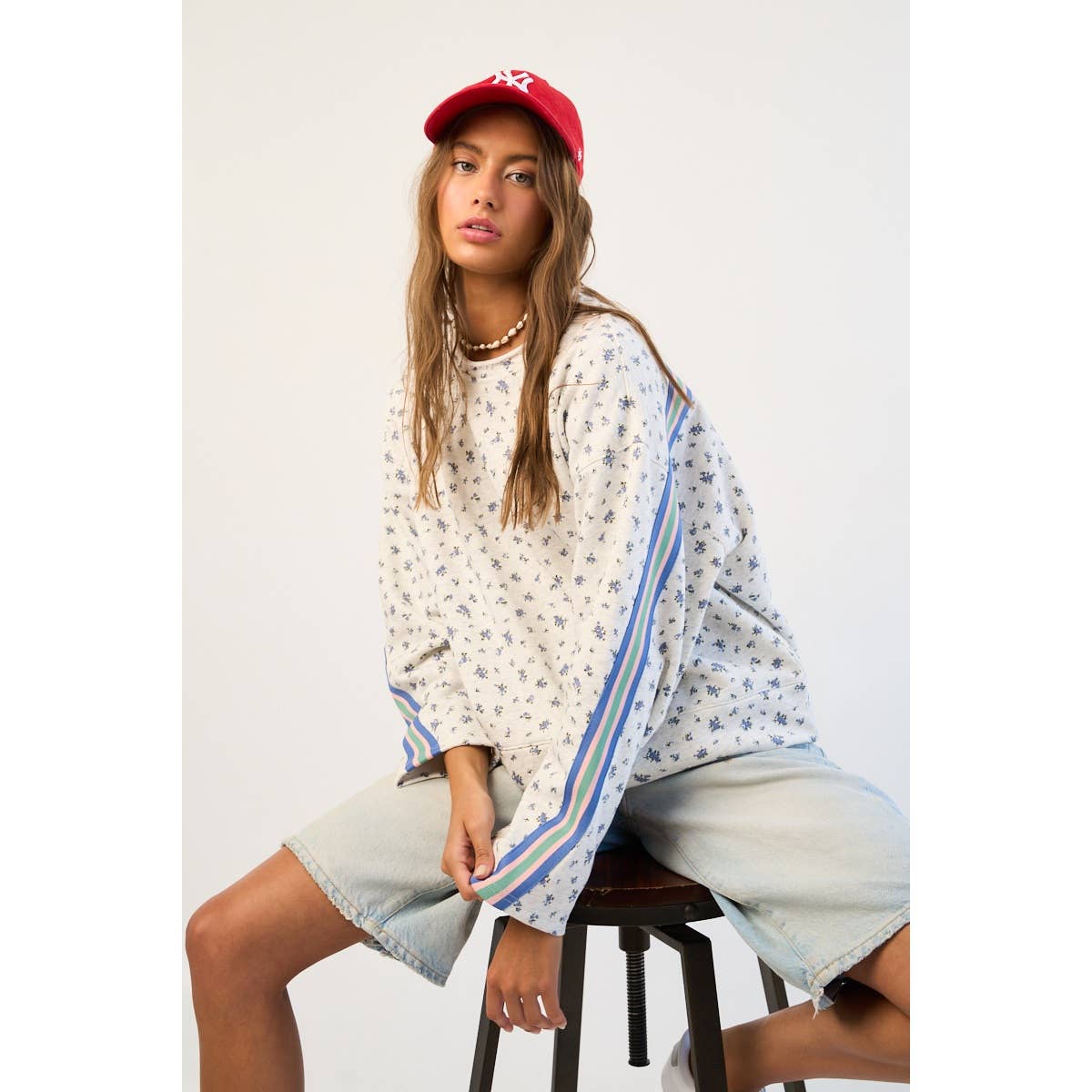 Floral Sweatshirt with Retro Striped Sleeve