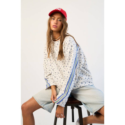 Floral Sweatshirt with Retro Striped Sleeve