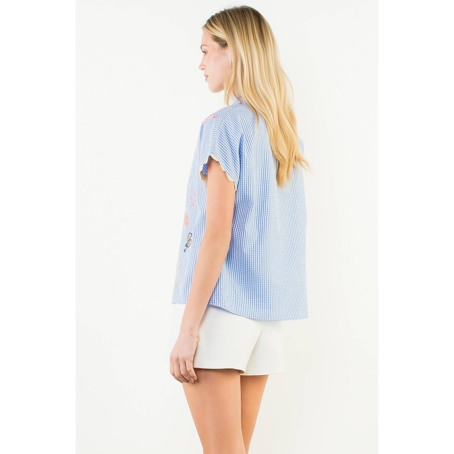 Short Sleeve Embroidery Detail Gingham Top