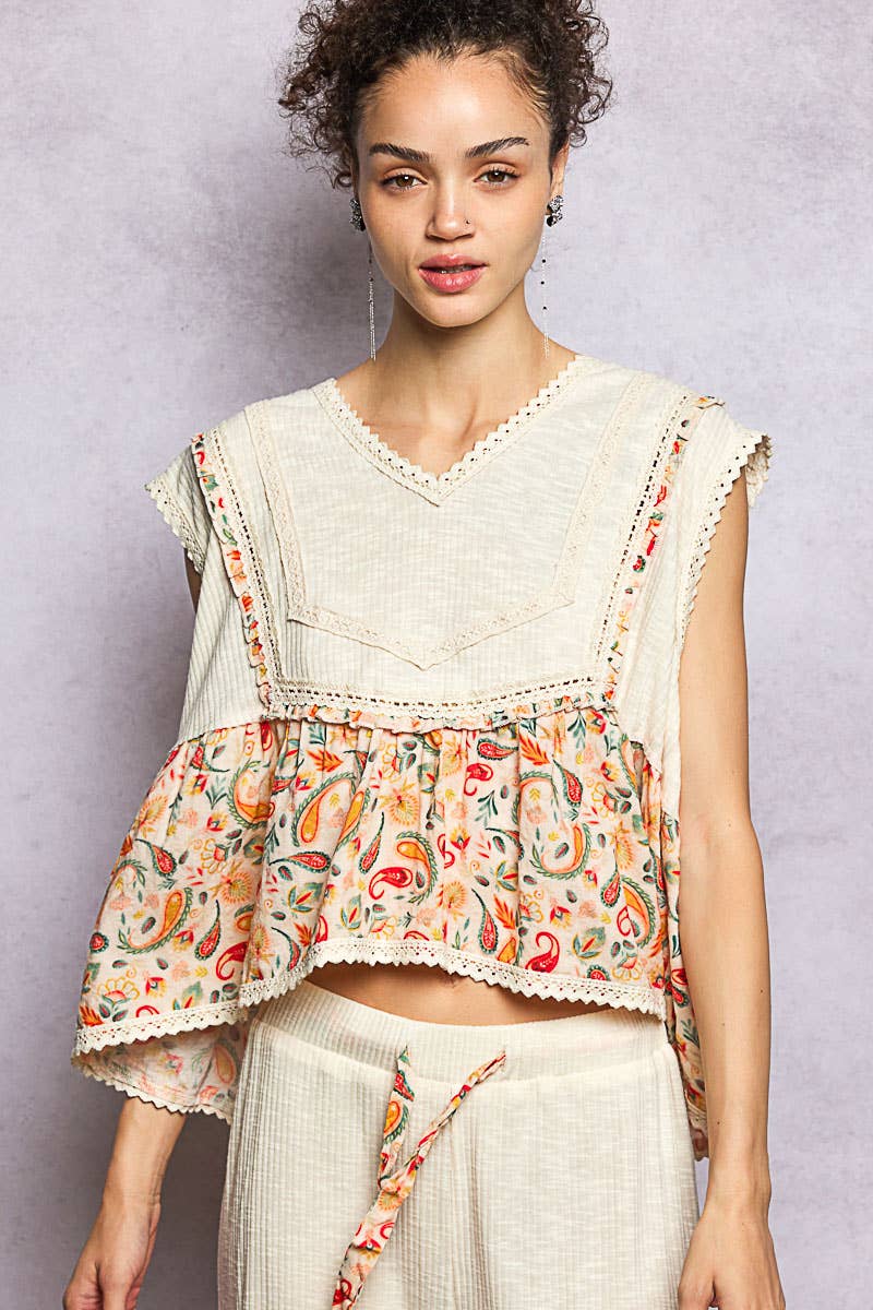 V-neck Floral Pattern Trim Ruffle Rib Knitted Sleeveless Top