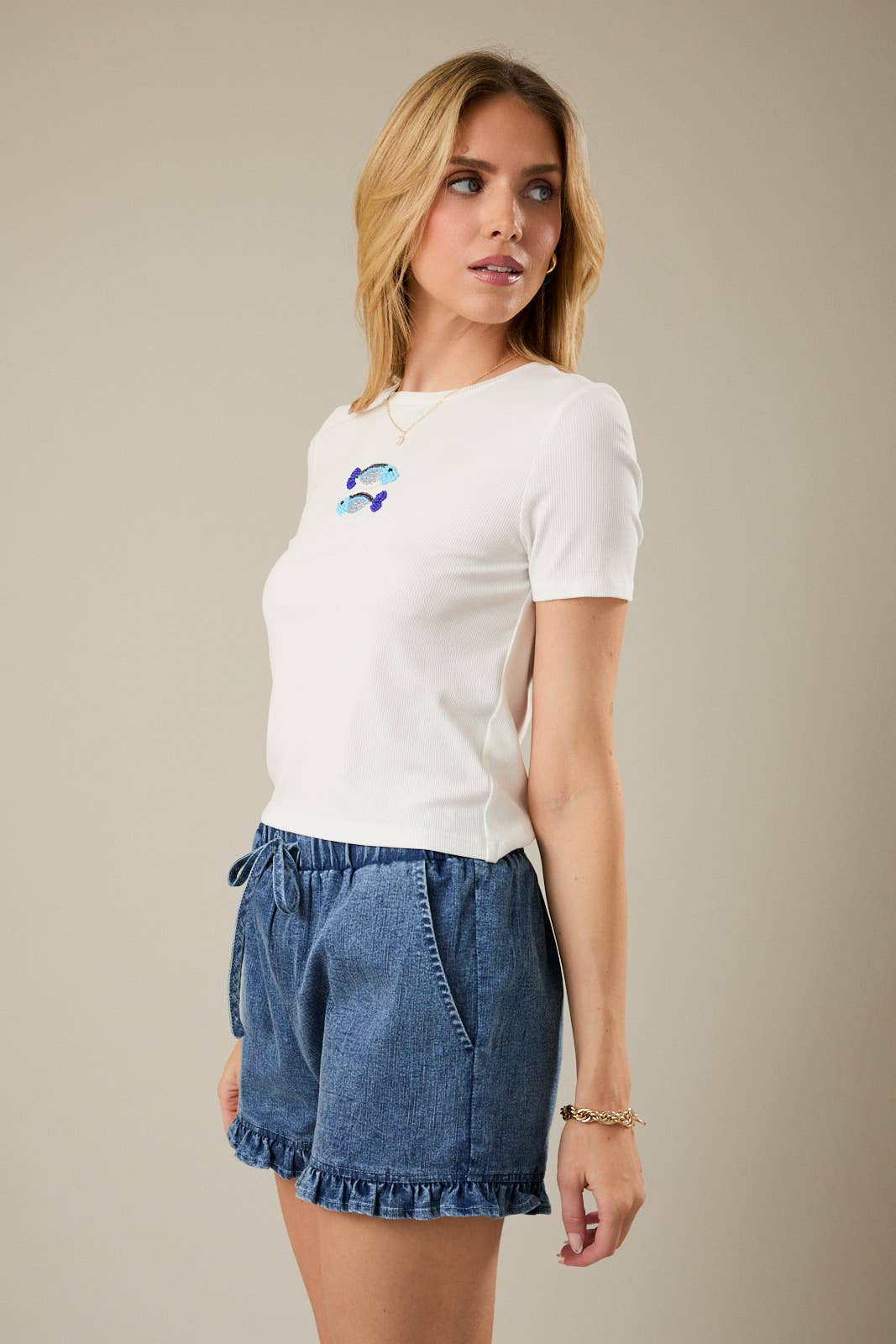 CREW NECK SHORT SLEEVE FISH BEADS RIB T-SHIRT