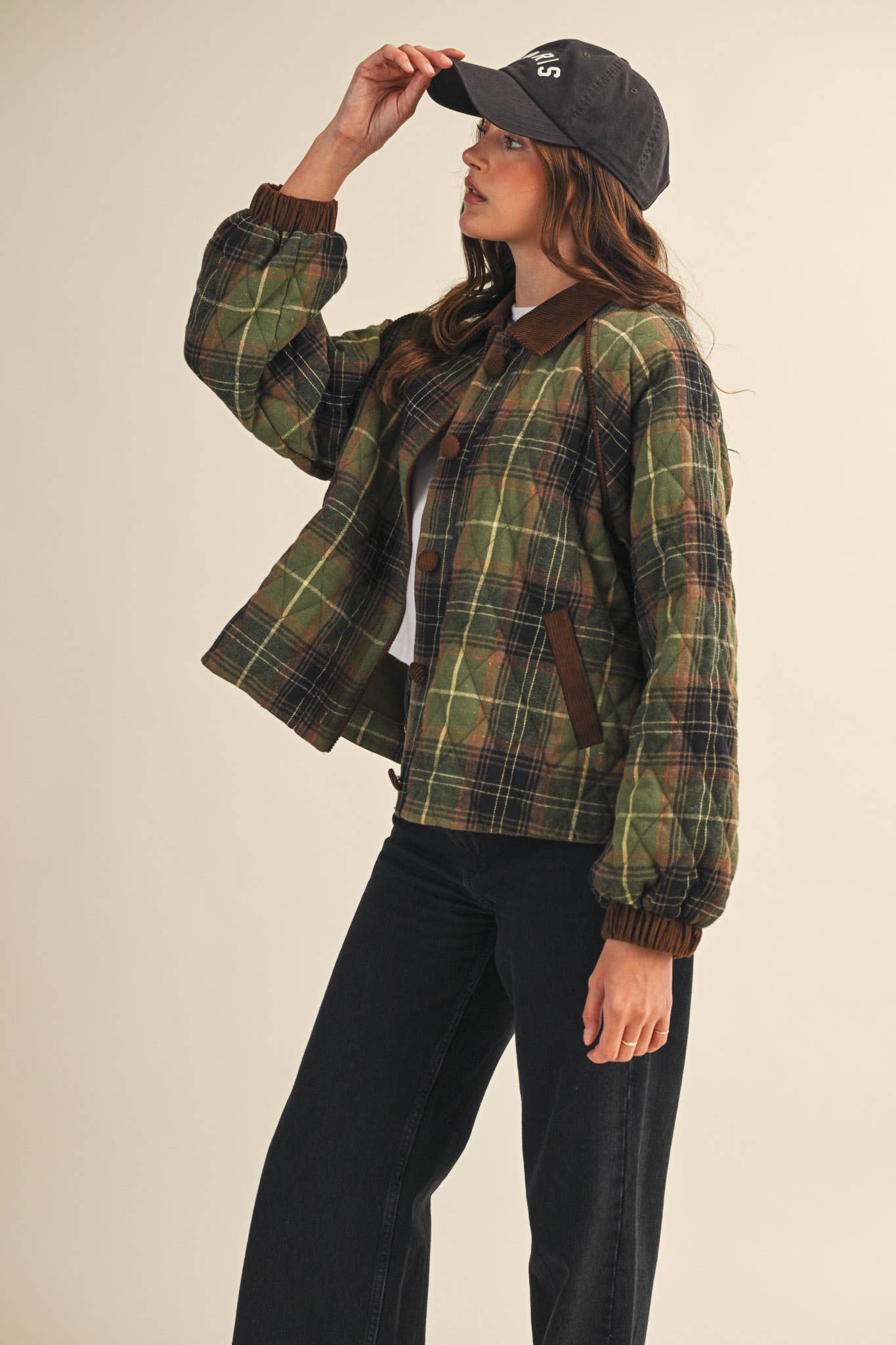Plaid Quilted Jacket Olive