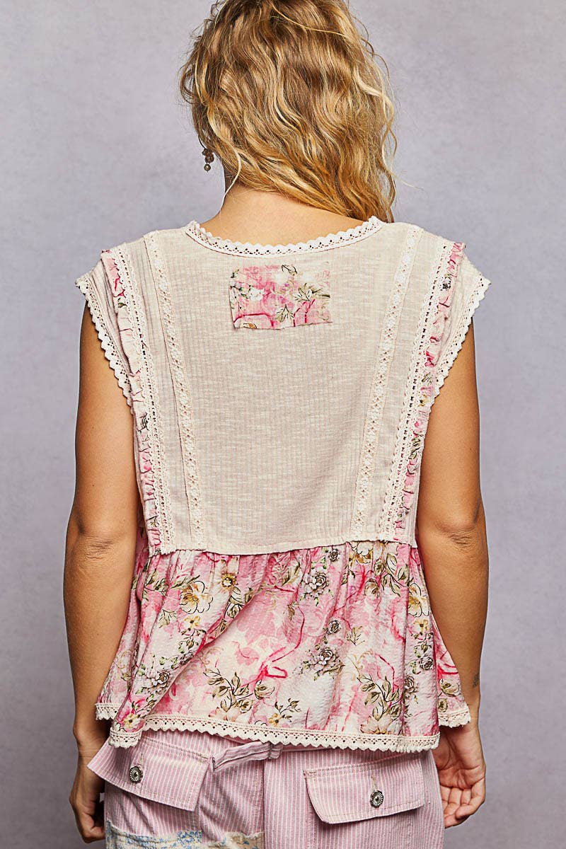 V-neck Floral Pattern Trim Ruffle Rib Knitted Sleeveless Top