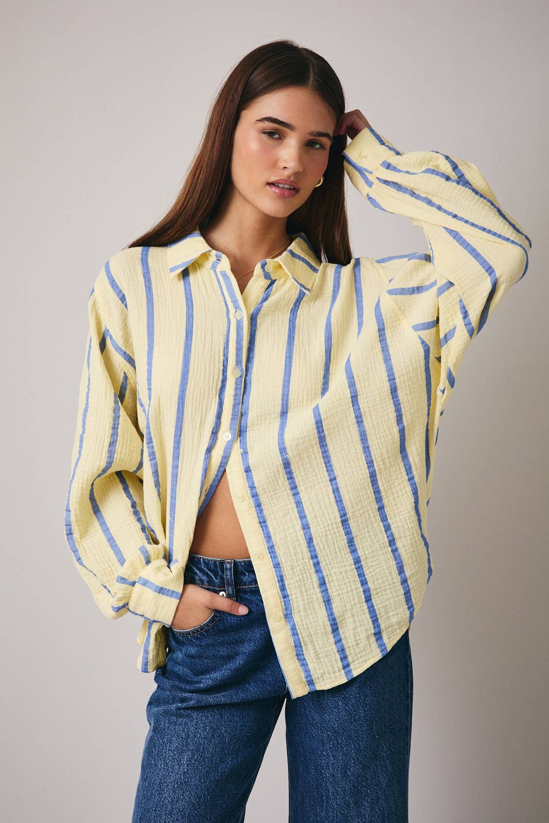 DOLMAN LONG SLEEVE BUTTON DOWN DOUBLE GAUZE STRIPE SHIRT