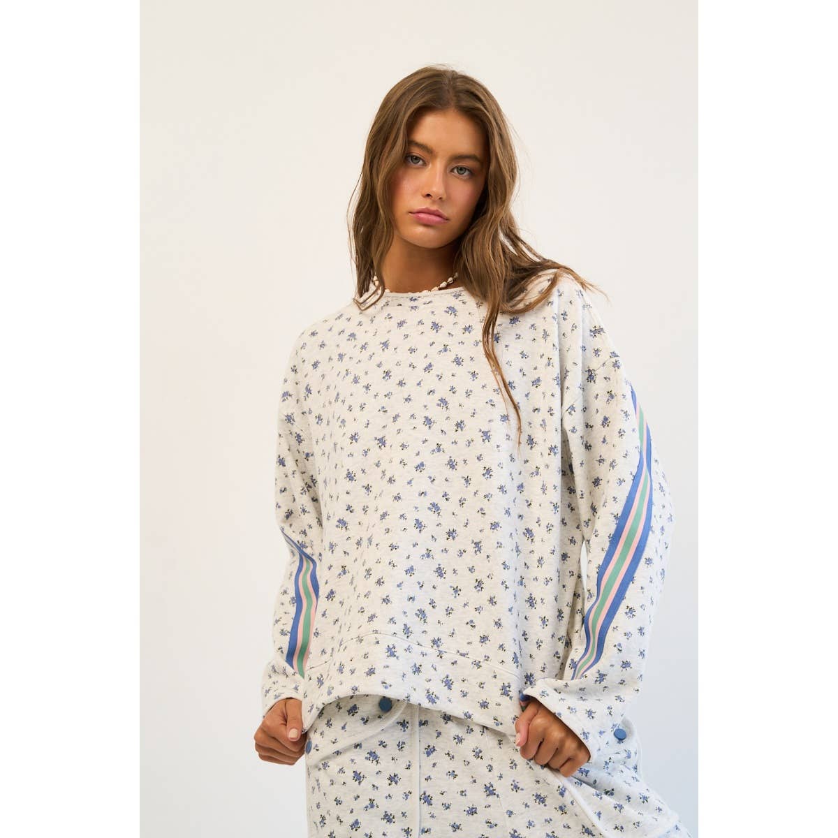 Floral Sweatshirt with Retro Striped Sleeve