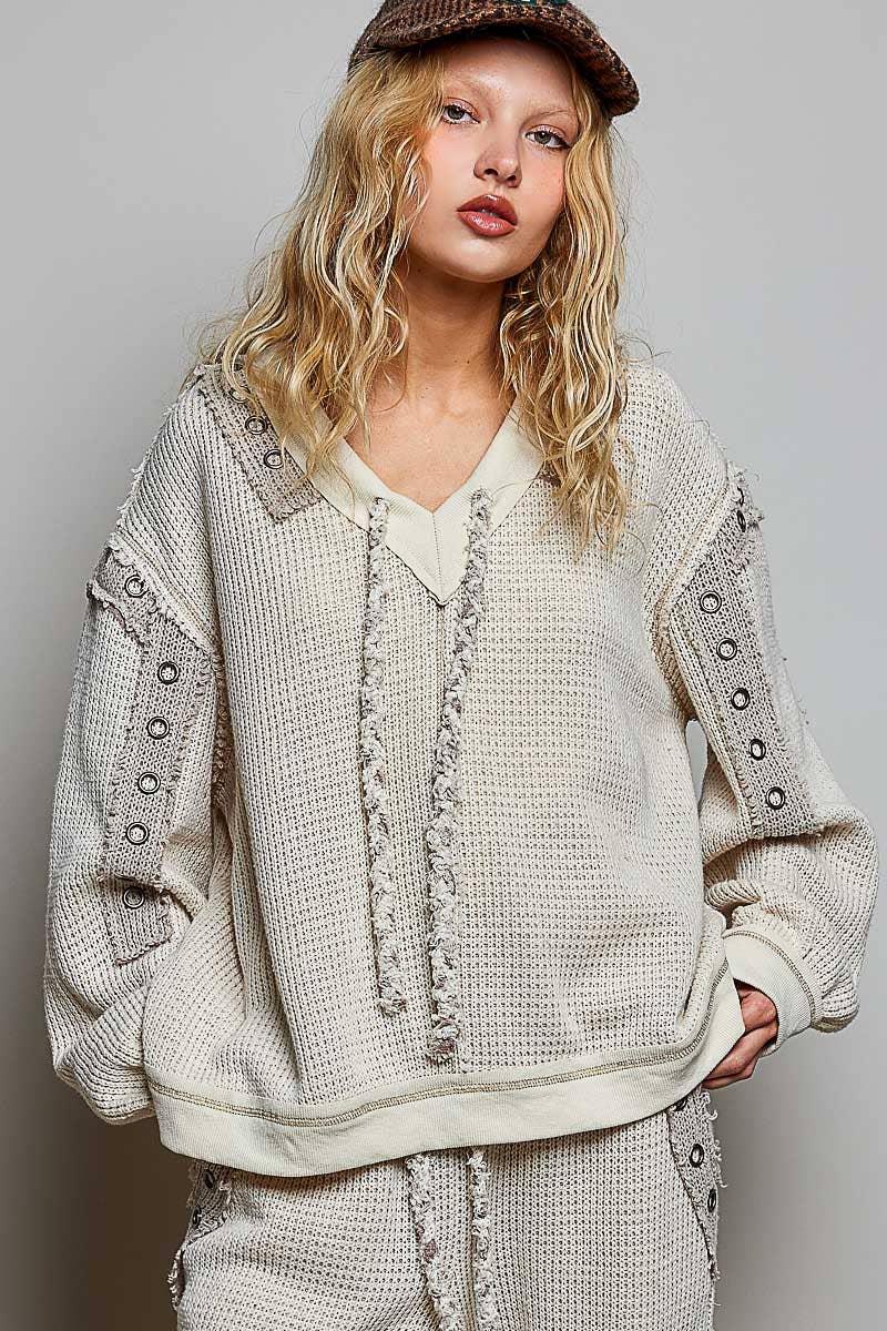 Solid Eyelet Stud Contrast Color Blocked Patch Knit Top